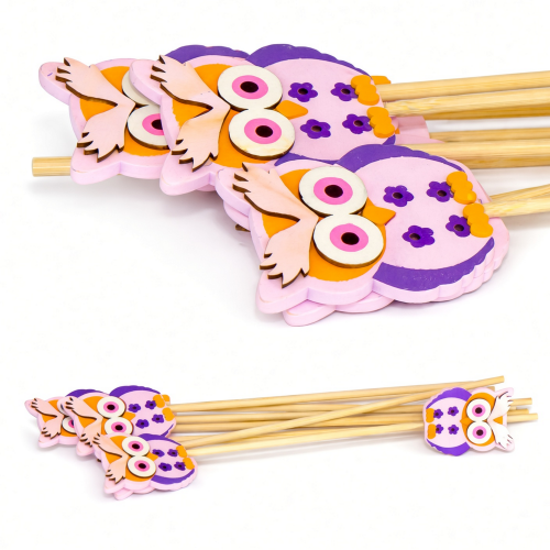 bufniță decorativă pe tijă, roz-mov, bufniță stratificată roz-portocaliu-mov pe tijă, lungime 36 cm